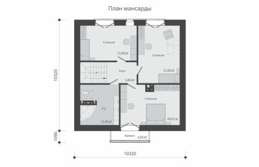 Одноэтажный дом с мансардой, террасой и балконом